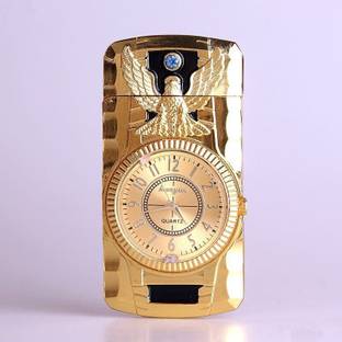 Explorer Golden Watch Pocket Size Jet Flame Lighter A025 | Butane Gas Refillable System ™ Jet Flame Watch Lighter & Flashing Light 4 Colors in Watch | Metal Pocket Lighter