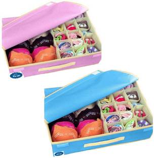 Skylii Lingerie Storage Organizer Storage Box Lingerie Storage Case Pink & Blue 15+1 Multi Compartment Cell Non-Smell Foldable Lingerie Storage Box With Lid Non-Woven Drawer Dividers for Bra Panty Underwear Pack of 2 Pc