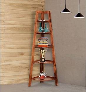 ROOFWOOD Sheesham Wood Folding Corner Book Shelf Storage Rack for Living Room Home (Brown Walnut Color Mette Finish) Solid Wood Open Book Shelf