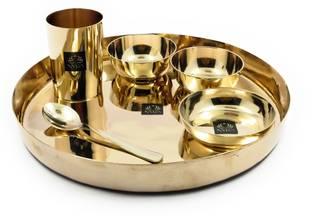 Nyra Bronze Kansa/Phool Thali 6 Pcs Set -1 Thali, 2 Bowls, 1 Pudding Plate, 1 Glass ,1 Spoon Dinner Set