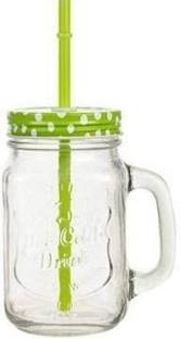 Coco Kitchen Glass Mason Jar With Metal Lid And Reusable Straw For Drinks, Beverages ( 1 Piece, Random Color, 450 ml) Glass Mason Jar