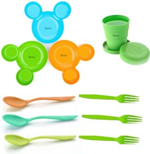 QUPSY Mickey Shaped Kids Snack Serving Sectioned Plate with Spoon & Pocket Glass Sectioned Plate
