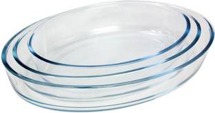Lenzrite Set of 3 Oval Borosilicate Microwave Safe Glass Tray 700ml, 1500ml, 2500ml Baking Dish
