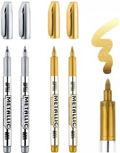 Definite 2Pc Silver & 2Pc Golden Metallic Craftwork Pen (1.5mm) for Plastic, Glass etc