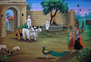 digital painting Gujarat architecture with villagers and serene flora on fine art paper 13x19 Fine Art Print