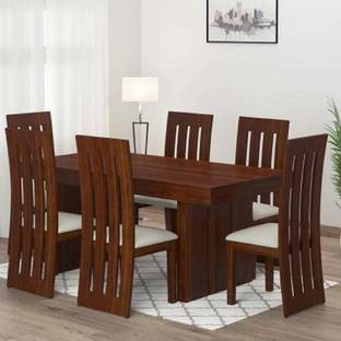 Wood Print Solid Wood 6 Seater Dining Set Finish-Honey Teak Finish Solid Wood 6 Seater Dining Set