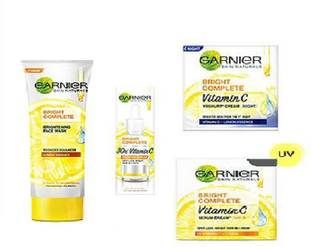 GARNIER SKIN NATURALS BRIGHT COMPLETE (FACE WASH 100gm+VITAMIN C SERUM 15ml+YOUGHURT NIGHT CREAM 40gm+U.V SERUM CREAM 45gm) (PACK OF 4