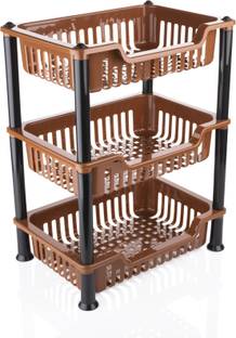 MECHON Utensil Kitchen Rack Plastic Plastic 3 Layer Kitchen Storage Rack, Fruits/Vegetables Rack (3 Layer, Brown)