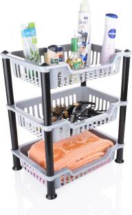NEWON Plastic 3 Layer Multi-purpose Kitchen Storage Basket Kitchen Rack (Grey,3 layer) Plastic Kitchen Trolley