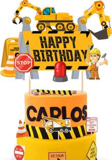 ZYOZI Construction Truck Happy Birthday Cake Topper, Construction Truck Cake Decor, Cake Topper