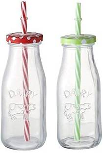 GVJ TRADERS Reusable Straw,Glass Milk Shake Airtight Checked Lid with Straw 300 ml Bottle