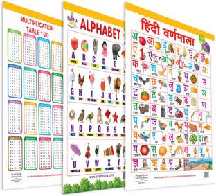 Hindi Varnmala, Alphabet, and Multiplication Table (1-20) Educational Wallcharts for Kids Paper Print