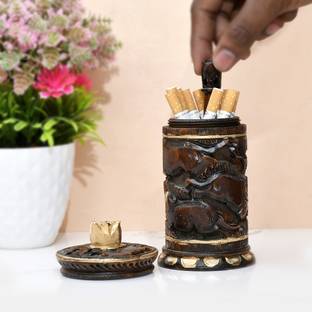 Craftam Sheesham Wooden Antique Design Cigarette Case Holder Stand Storage Box Brown, Gold Wood Ashtray