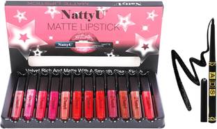 NattyU Premium Waterproof Velvet Matte Lipstick combo with Eyeliner Pencil (Pack of 12)