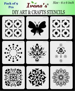 IVANA'S Multi Design for Art & Craft , Reusable DIY Decorative Stencil CIVS-9042 for Painting on Canvas, Fabric, Cloth, Paper,Glass, Wall,Size-6x6 inch,Pack of 9 Stencil
