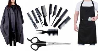 BIGWHEEL Combo Of Hair Styling Salon Combs,Scissors Set With Neck Bib, Black Hair Cutting Makeup Apron