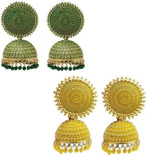 Mystory Combo of 2 Stylish Yellow and Dark Green Pearls Alloy Jhumki Earring