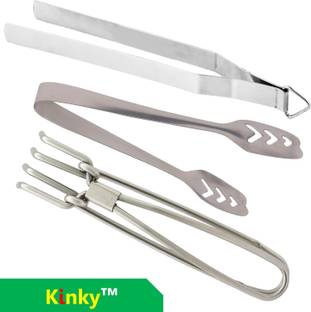 Kinky Stainless Steel Roti and Momo Chimta with Pakkad / 28.5 cm, 20.5 cm, 20.5 cm Ice, Roasting, Salad, Serving, Steak, Utility Tong Set
