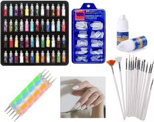 Facejewel Nail Art Kit - 48 ,100 Nails 2 glue 15 Nail Art brush, 5 Nail Dotting Pen with 2