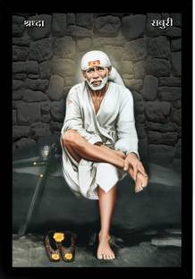 Sai Baba Painting Vinyl Sparkle Coated Home Decorative Gift Item with Synthetic Frame (14 × 20 Inch) Fine Art Print