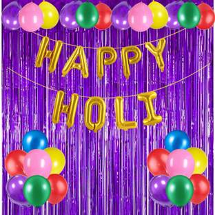 FLICK IN Happy Holi 2022 Decoration Items Multi Balloons Festival Purple Fringe Curtain