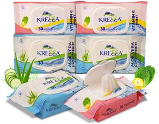 KRESSA Wet Wipes Pack of 6 - Aloe Vera Cucumber & VitaminE Mint 3 Pack Each PH Balanced