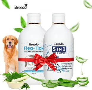 Breedo Dog (Combo of 2) Dog Flea & Tick Shampoo + 5 IN 1 Shampoo 500 ml Allergy Relief, Conditioning, Anti-fungal, Anti-microbial, Anti-itching, Anti-dandruff Natural Dog Shampoo