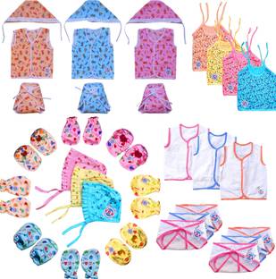 V.B.K Baby Boy and Baby Girl All In One Cloth Set Combo Pack / Baby Shower Gift Set With Jhabla, Nappy (Langot), Mittens-Booties and Cap, Hosiery and Cotton Soft Fabric, 0 to 6 Months