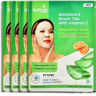 Saffron Naturals Aloevera & Green Tea Serum Face Sheet Mask with Vitamin C SET OF 4