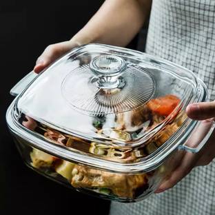 Lenzrite Glass Serving Bowl 2.5Ltr Microwave Safe Dish with Lid Versatile, Safe, and Heat-Resistant Cookware