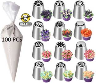 MAFAHH 112 pcs Combo of 12pcs Stainless Steel Russian Piping Nozzles with 100 pcs Icing Piping Bags Kit for Cake Decoration Kitchen Tool Set