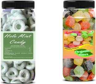 Organic Bites Combo of Colourful Mix Fruit Candy and Hole Mint Candy 200 gm each ( Jar Pack) Mix Fruit, Mint Candy
