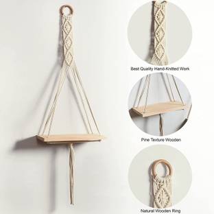 RAKANO Macrame Wall Shelf Pure Cotton Cord Pine Wooden Hanging Floating Shelves Pack of 2