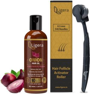 Ligera Hair Growth Kit for Men & Women| Onion Hair Oil & Derma Roller 0.5mm for Hair growth,14 Herbs,Cold Pressed Oils,540 mm Microneedles to Reduce Hairfall, Regrow Hair| Fast Hair Growth