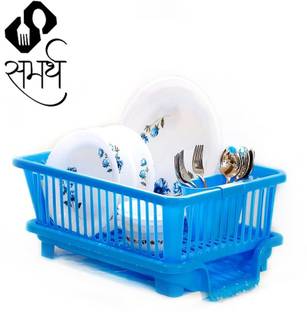 Samarth Dish Drainer Kitchen Rack Plastic 3 in 1 Durable Plastic Kitchen Sink Dish Drying Drainer Rack Holder Basket Organizer with Tray Utensils Tools Cutlery (Blue)