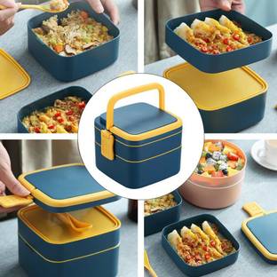 NL Traders Double-Layer Square Lunch Box with Handle&Push Lock (Blue color,1500 ml) 1 Containers Plastic Office Lunch Box