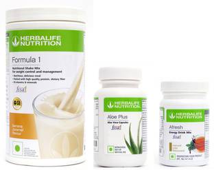 Herbalife Nutrition Formula 1 Shake Banana Flavor With Aloe Plus Tablet And Afresh Tulsi Flavor Protein Shake