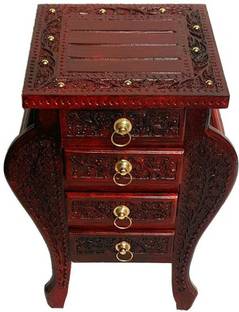 Smarts collection Floral Carved Handmade Bedside Table with 4 Drawers Home Decor Solid Wood Corner Table