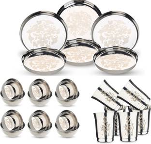 LIMETRO STEEL Pack of 24 Stainless Steel Laser Print Steel Dinner set Combo / Steel Cutlery Set / Dinner Set
