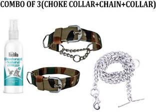 Hachiko Premium Quality Army Printed Dog Body Belt Choke Collar+Chain+Collar With a Complimentary Pack Of Hachiko Dog Deodorant. For All Small Breed Dogs.(Combo of 3) Dog Collar & Chain