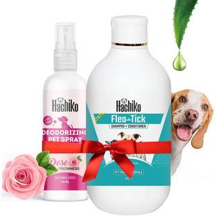 Hachiko High Quality (Combo of 2) Dog Shampoo Flea-tick 250 ml + Refreshing Spray 100 ml Allergy Relief, Anti-dandruff, Flea and Tick, Anti-itching, Conditioning Artificial Fragrance Free Dog Shampoo
