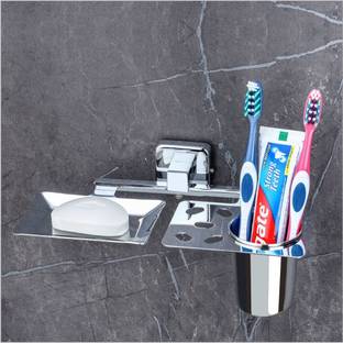 LivesUp Stainless Steel Multipurpose 2 in 1 Soap Dish with Tumbler Holder/Soap Stand/Tooth Brush Holder/Bathroom Accessories (Chrome) Stainless Steel Wall Shelf
