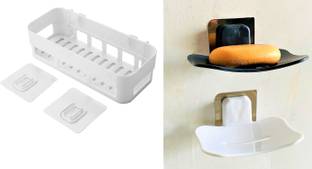 QXORE Bathroom Rack Holder, ( 1 Bathroom Rack with 2 Soap Dish) Plastic Wall Shelf