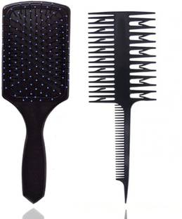 E-DUNIA Rectangular Cushion Paddle Hair Brush & 3-Way Carbon Anti-static Hair comb