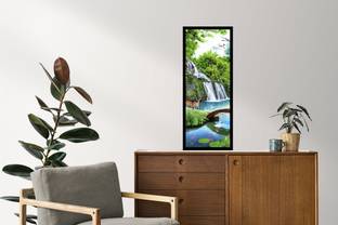Jitesh Arts Beautiful Forest Waterfall Birds Painting With Synthetic Frame Black0012 Digital Reprint 13.5 inch x 6 inch Painting