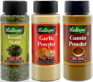 Midiron Garlic Powder (80g), Kasuri Methi (20g), Cumin Powder (90g)