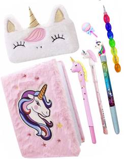 KOBBET unicorn collection-7pcs fur diary/fur pouch/pen/bullet pencil/designer eraser