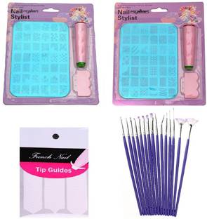 Royalkart Nail Art Stamping double Kit With 15 Pcs Nail Art Brush & Nail Art Finger Tip Guide Sheet Gift For Girl Women Latest Edition ( XY 12-14 )
