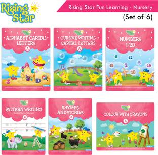 Rising Star Fun Learning Nursery Book Set (Set Of 6)| Alphabet Capital Letter Cursive Writing| Number 1-20| Colouring Book| Pattern Writing| Rhymes & Stories Book | Ages 4-5 Years