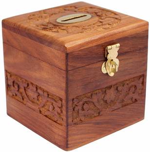 RozeMart Beautiful Children Wooden Handcrafted Money Bank Square Shaped Coin Cash Box